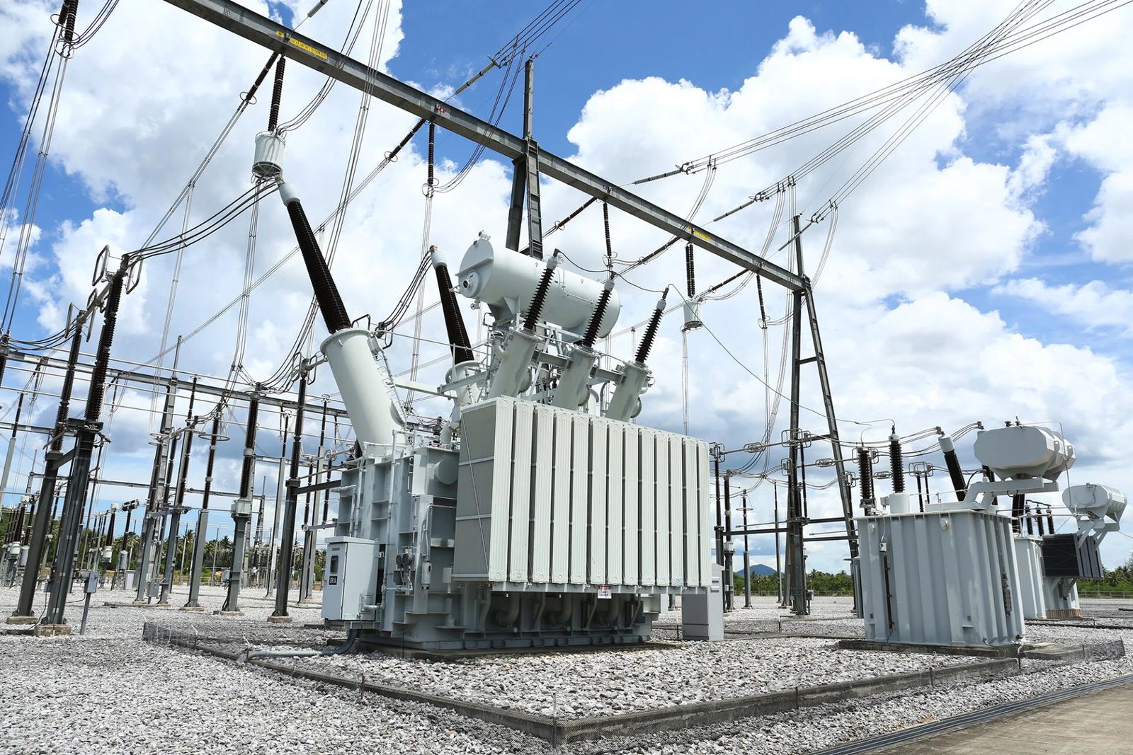 High-voltage transformers at an electrical substation