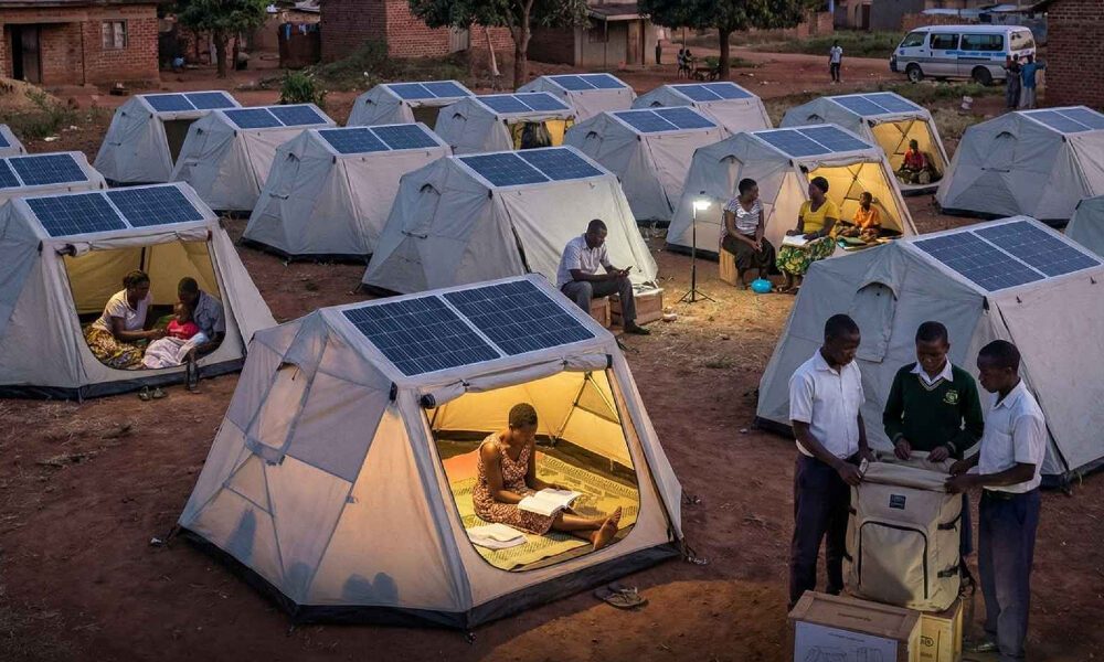 Solar-equipped tents lighting up a community at dusk